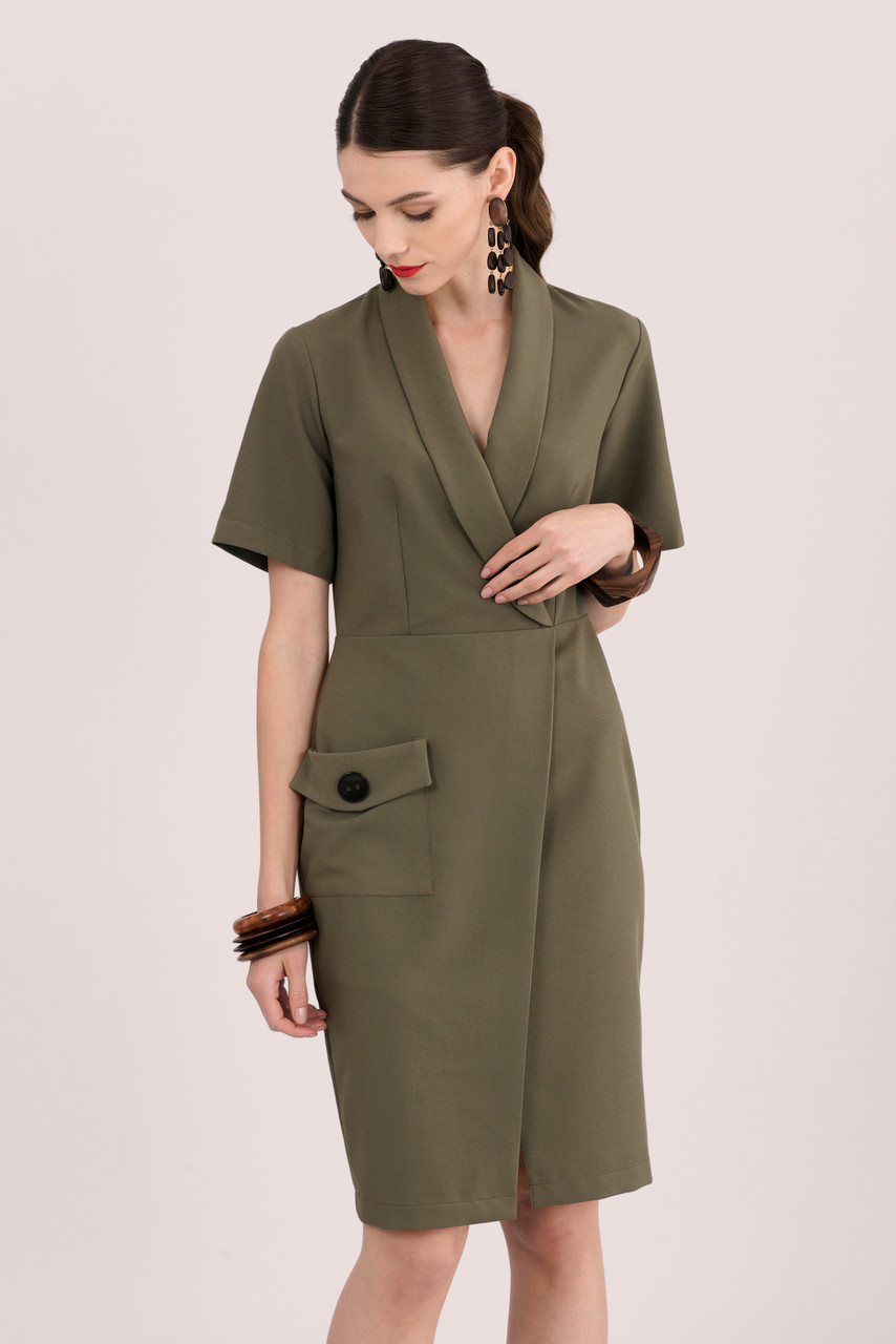 Closet London | Women's Khaki Short Sleeve Collared Wrap Dress